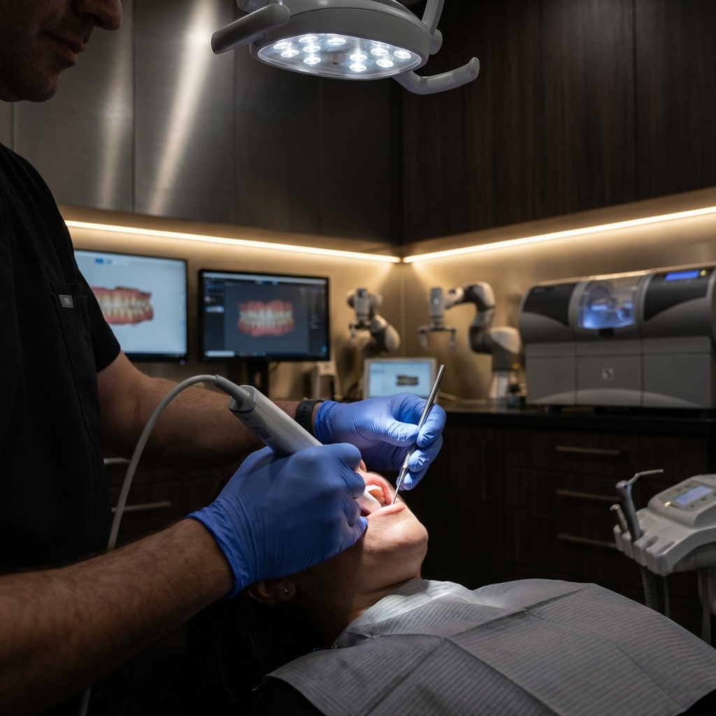 Dentista realizando procedimento com tecnologia digital